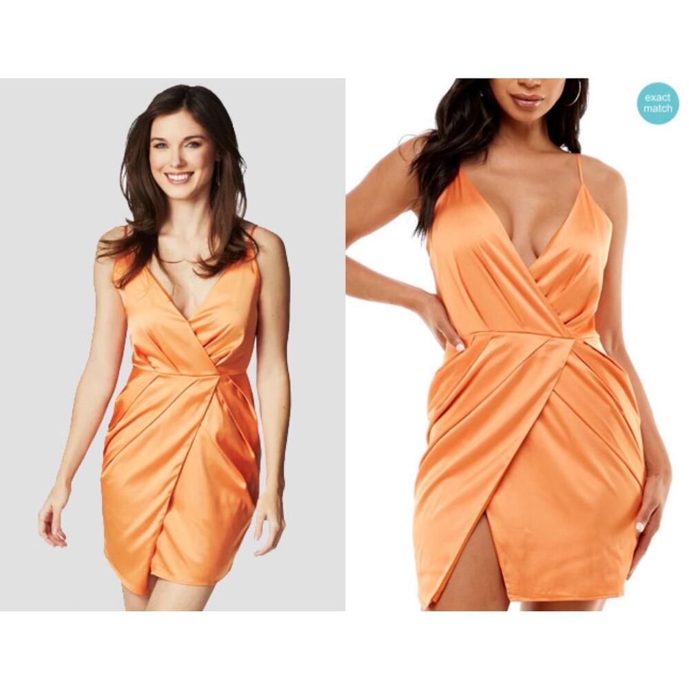 Bebe Surplice Satin Faux Wrap Mini Dress in Amberglow, S